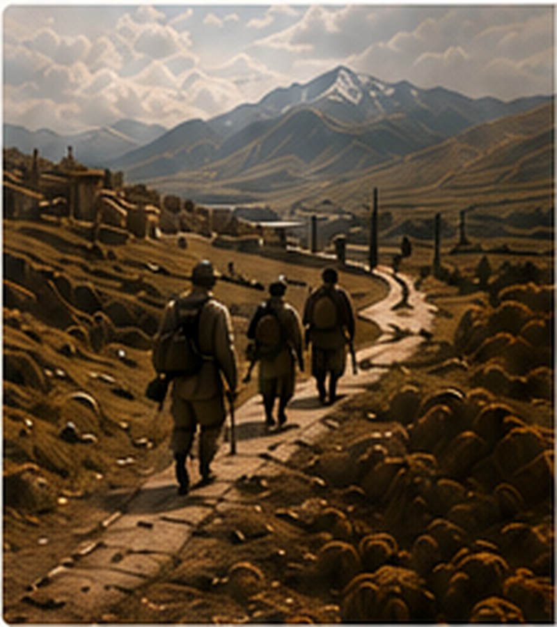 Travellers crossing a mountain landscape