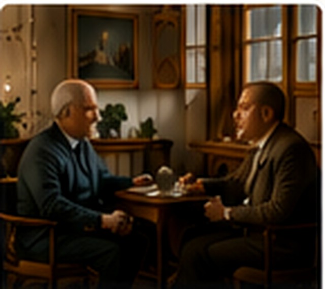 Two people speaking over tea