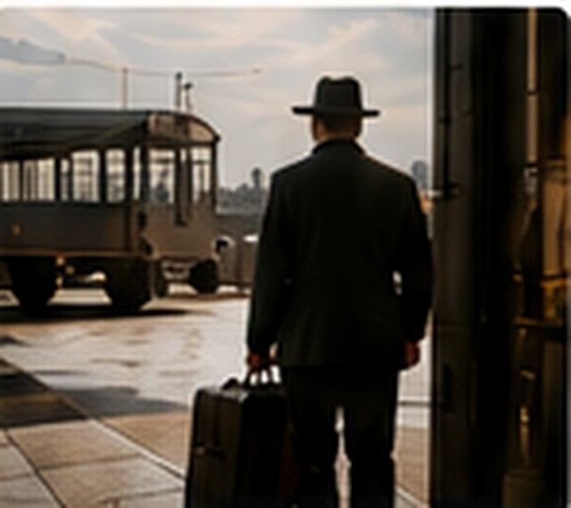 A traveller arriving beside an old bus